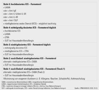 <strong>Tab. 2:</strong> Stufenplan der Asthmatherapie für Erwachsene und Kinder ab 12 Jahren entsprechend der GINA-Guideline 2025: dynamisches Step-up-/Step-down-Prinzip: so viel Therapie wie nötig/so wenig Therapie wie möglich auf Basis der Asthmakontrolle. Es sollte möglichst der Track 1 gewählt werden.